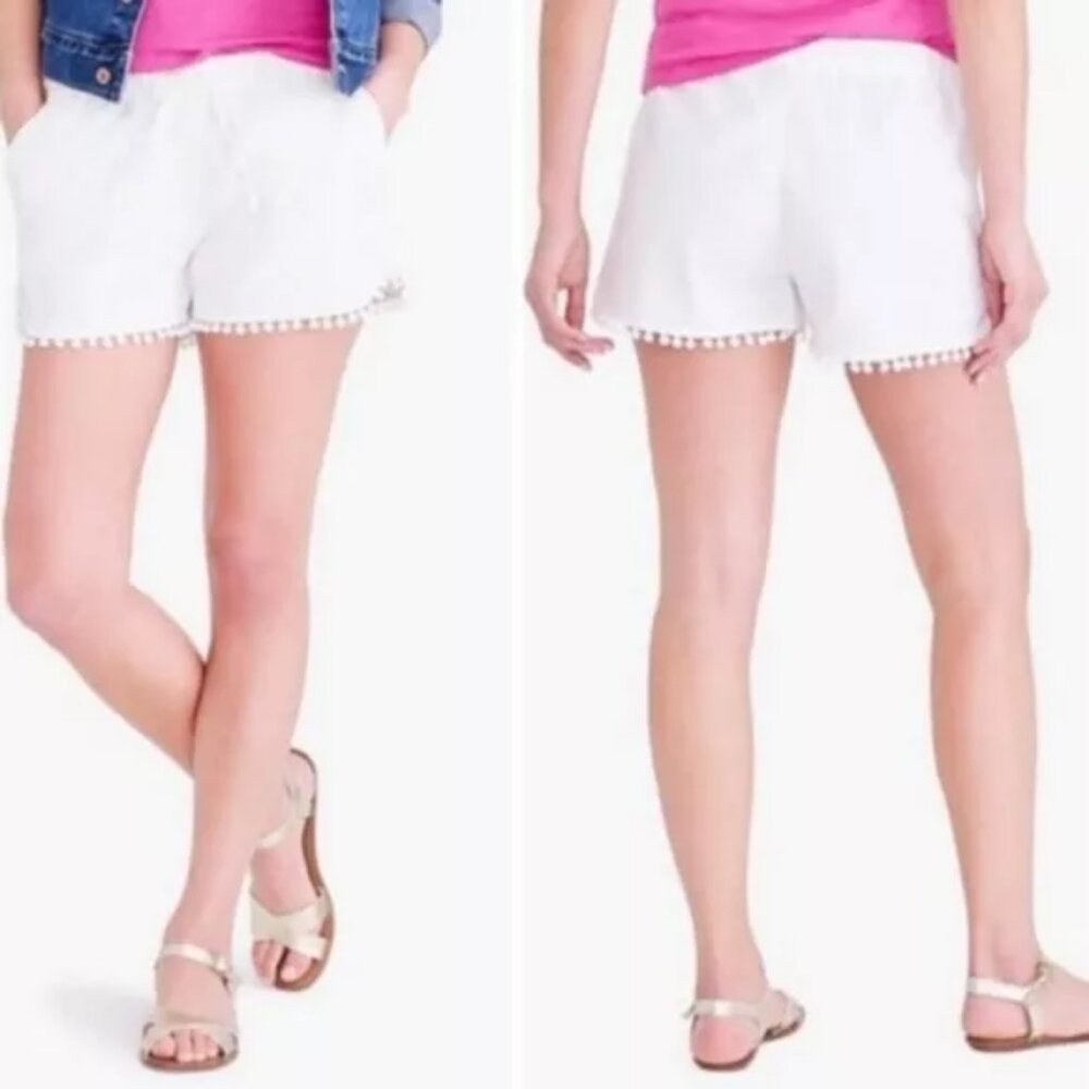 J Crew Shorts Women M Linen Cotton Pom Pom Fringe Pocket Elastic Drawstring